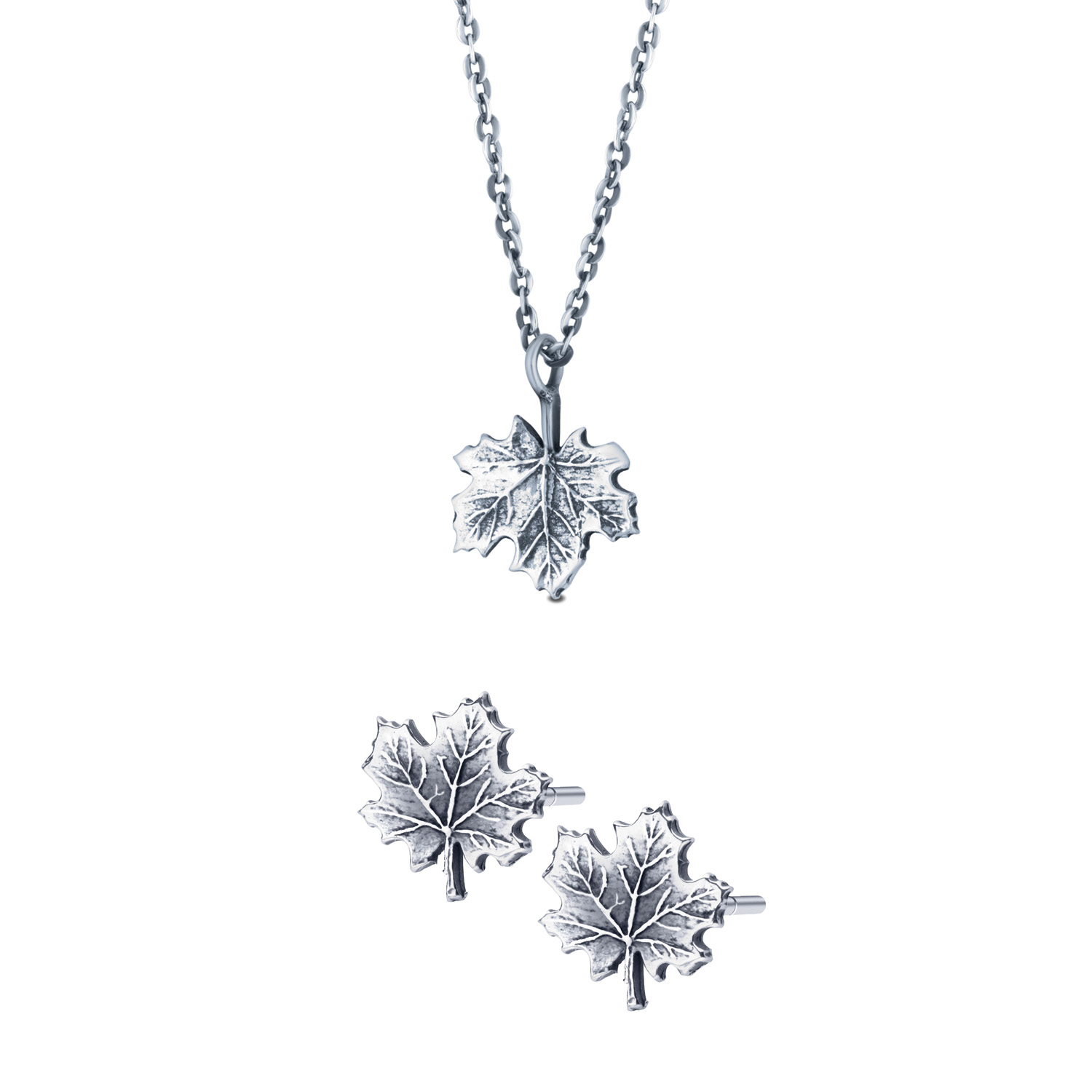 srebrny komplet biżuterii liście klonu